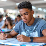 Jovem em uma sala de aula com outros estudantes, ilustrando uma sala de aula de curso preparatório para o ENEM.