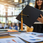 Jovem segurando um capelo, representando a vida acadêmica, e a diferença entre bacharelado ou licenciatura.